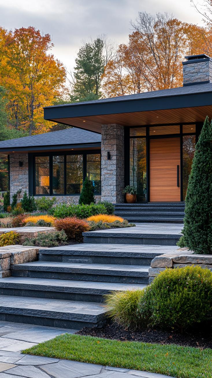 7. Contemporary entryway with minimalist landscaping and stone steps-1