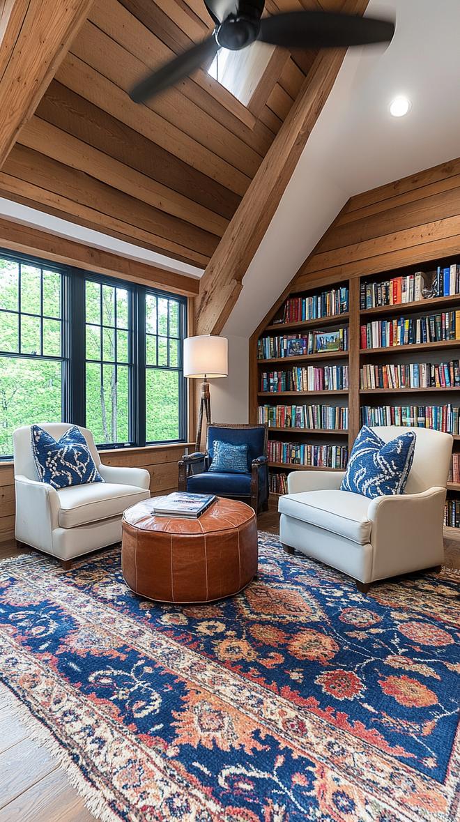 12. Cozy attic library with rustic wood and colorful Persian rug-1