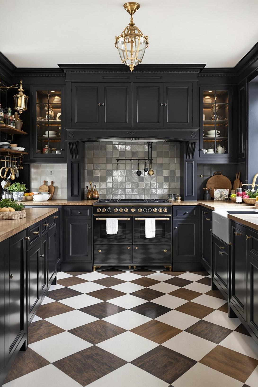 19. Dark Victorian kitchen featuring checkerboard tile floor-0