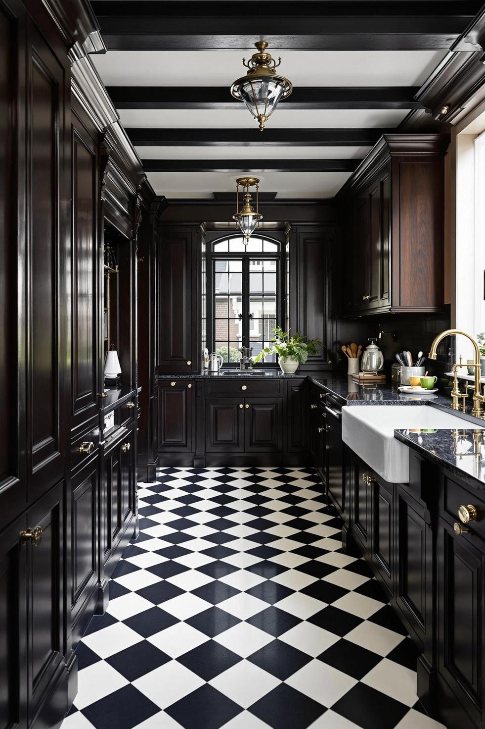 19. Dark Victorian kitchen featuring checkerboard tile floor-1