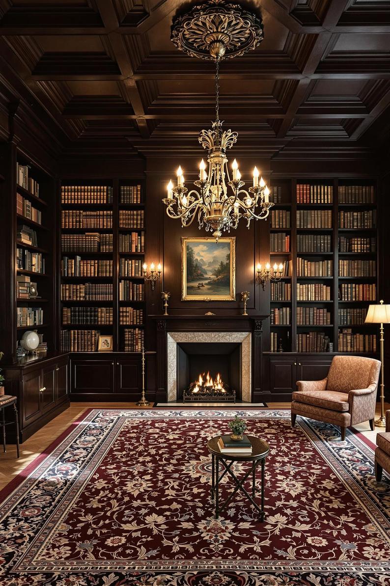 1. Dark wood-paneled library with ornate ceiling and chandelier-1