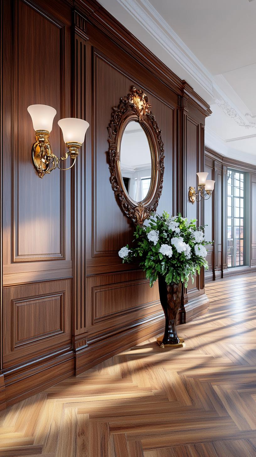 17. Detailed wooden entryway with antique mirror and wall sconces-0