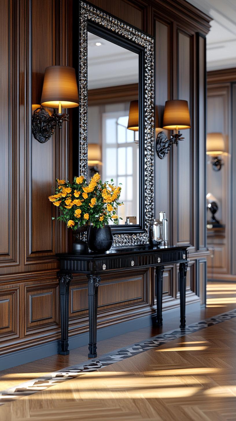 17. Detailed wooden entryway with antique mirror and wall sconces-1