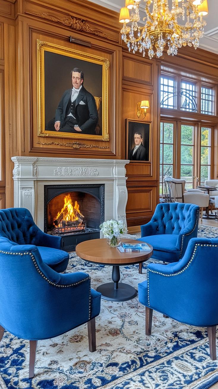 10. Fireplace-centered sitting room with Victorian portraits and chandelier-2