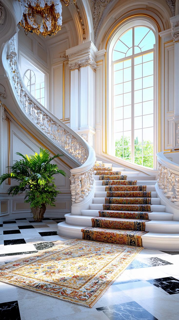 4. Grand stairway with intricate woodwork and vintage rug runner-0