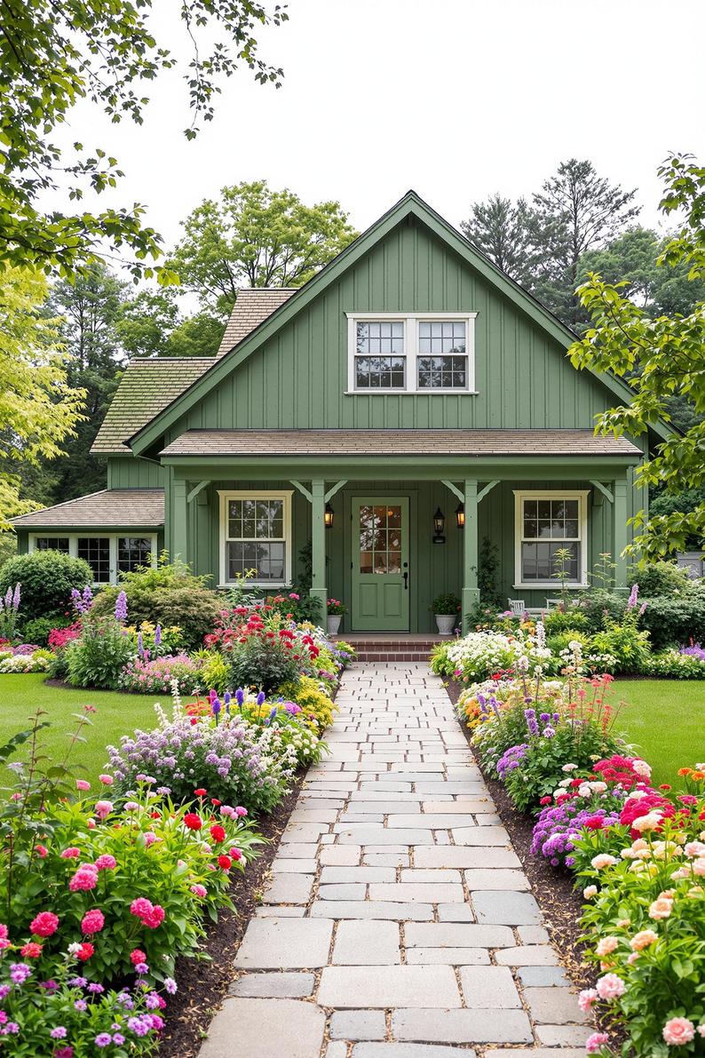 4. Green farmhouse-style exterior with lush flower garden pathway-0