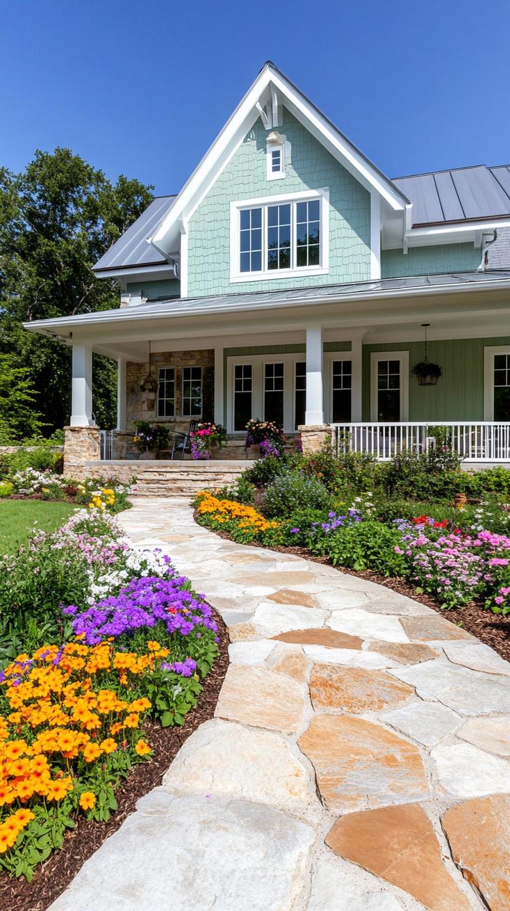 4. Green farmhouse-style exterior with lush flower garden pathway-1