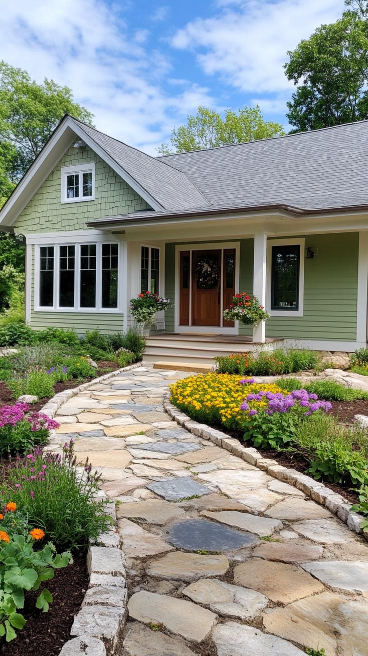 4. Green farmhouse-style exterior with lush flower garden pathway-2