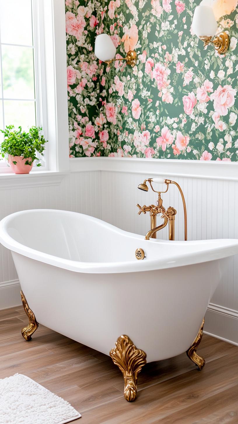 8. Lavish bathroom featuring clawfoot tub and floral wallpaper-2