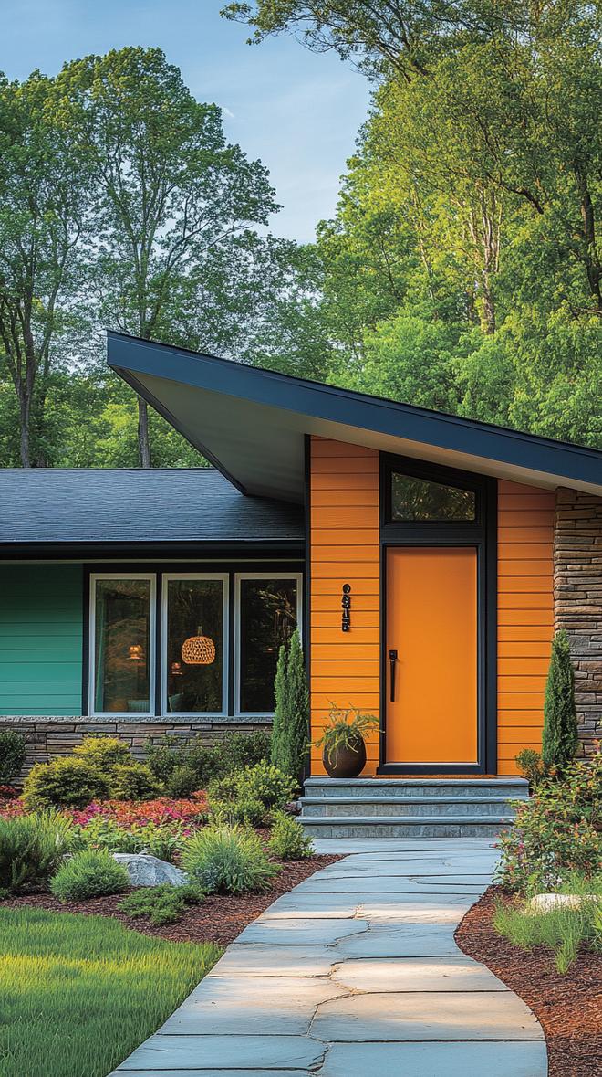 2. Mid-century ranch with bright pastel siding and clean lines-2