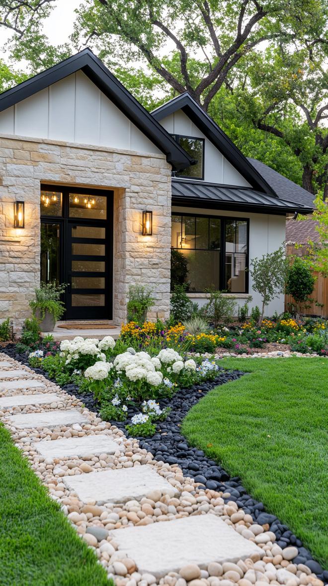 1. Modern ranch facade with black-framed windows and stone accents-1