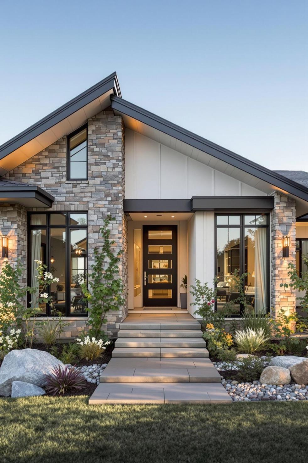 1. Modern ranch facade with black-framed windows and stone accents-2