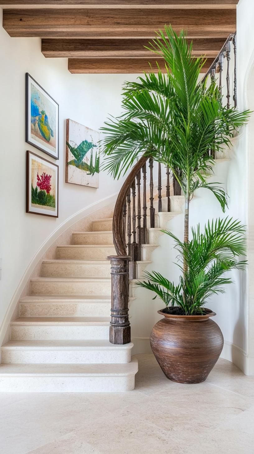 11. Staircase with wood balustrade, vintage framed art, and potted plants-0