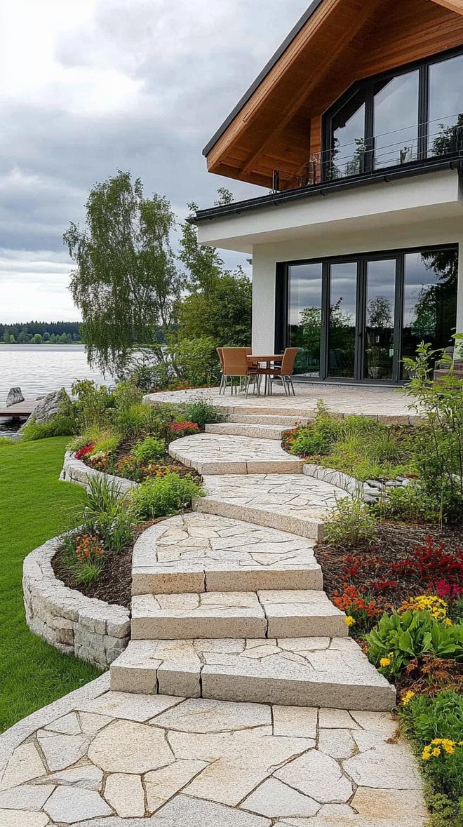 21 Breathtaking Lake House Designs for Ultimate Relaxation 12 4. Stone Patio Water Feature Concept-2