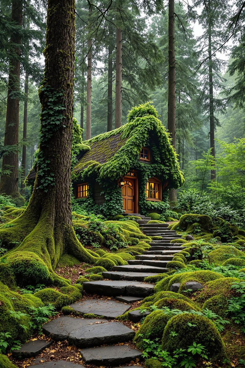 1. Stone pathway leading to moss-covered forest cabin-1