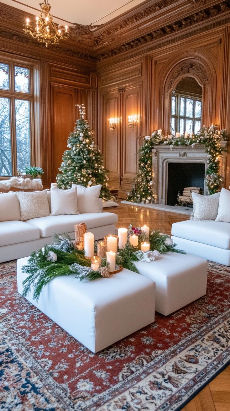 20. Victorian living space with faux snow-dusted greenery and candles-0