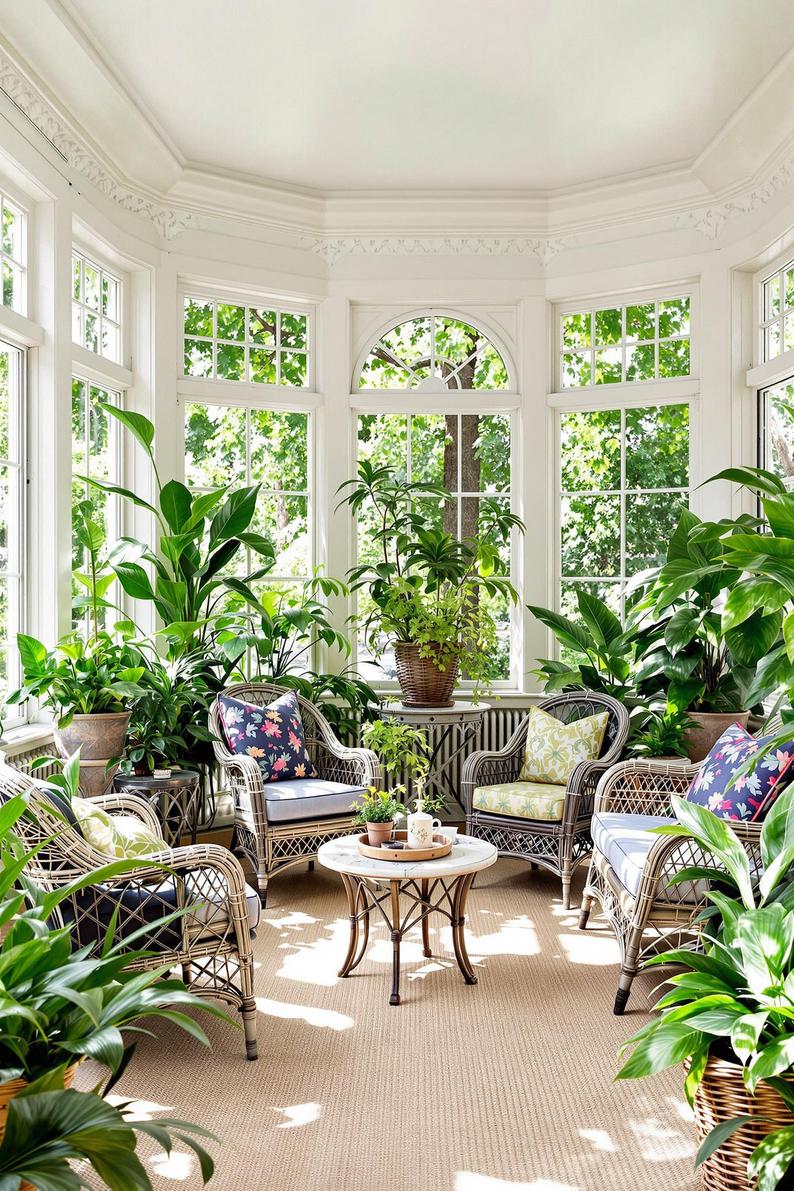 18. Victorian sunroom with wicker furniture and vibrant indoor plants-1