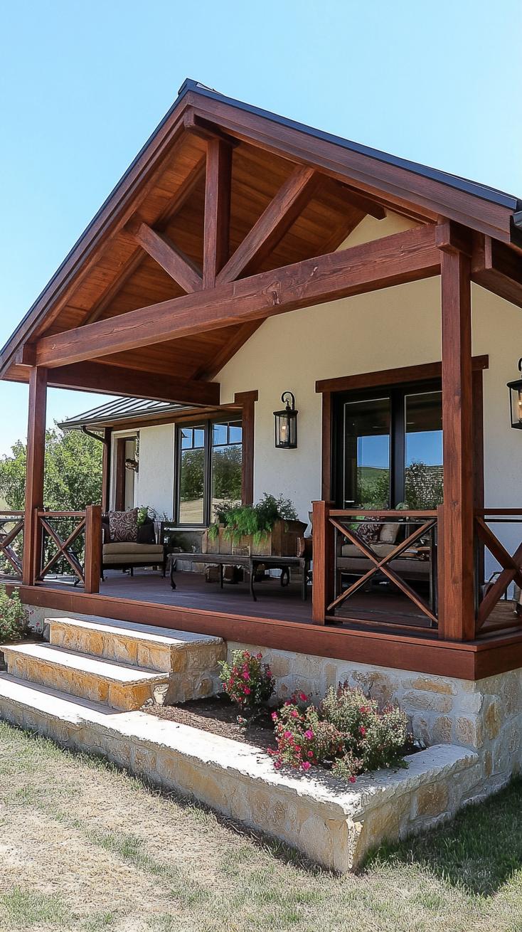 8. Wraparound porch with wood and metal railings for rustic charm-0