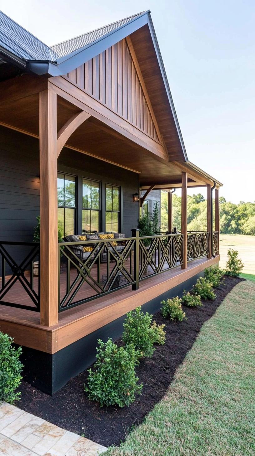 8. Wraparound porch with wood and metal railings for rustic charm-1