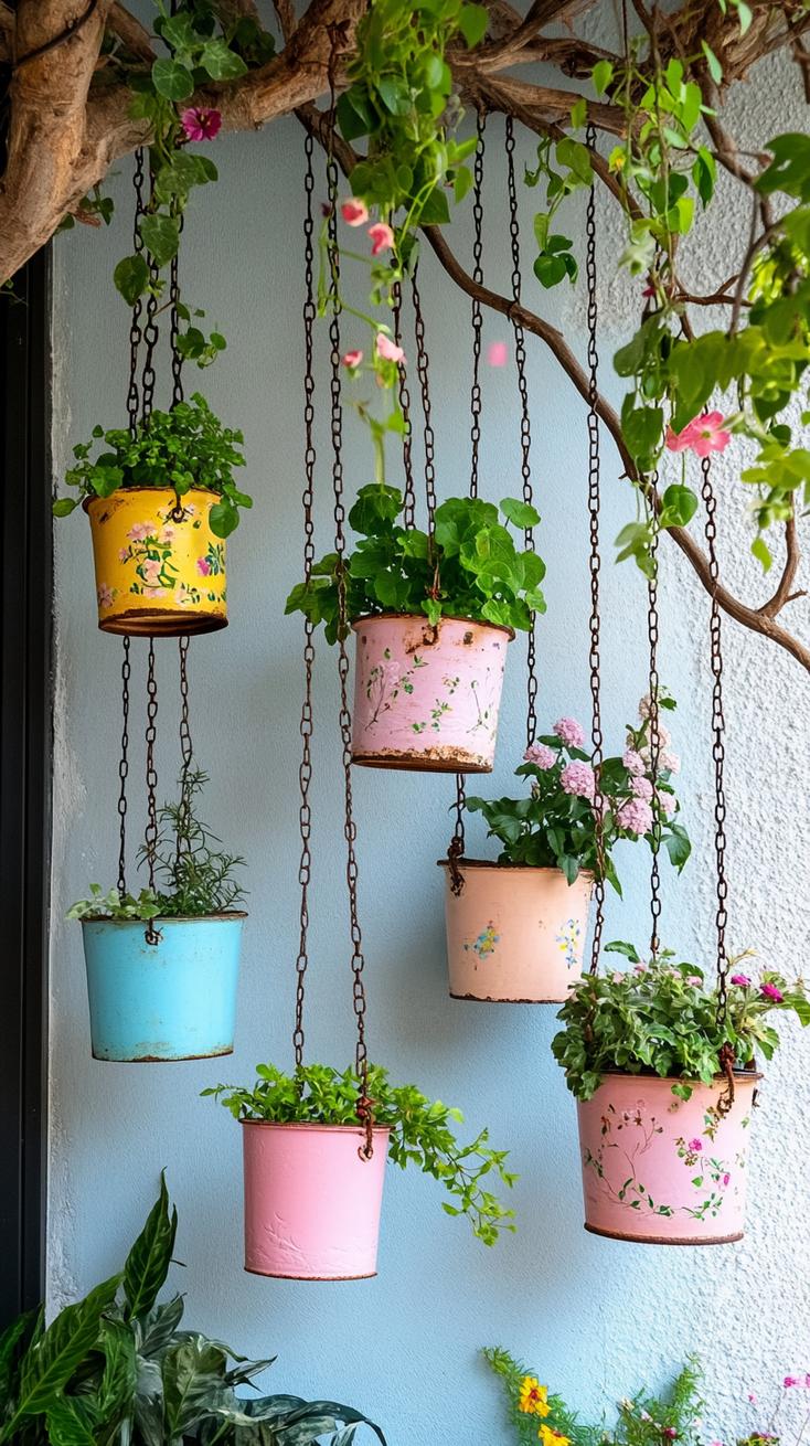 35 Easy Garden Art Crafts Anyone Can Make DIY 6 2. Bright flower pots made from upcycled tin cans-0