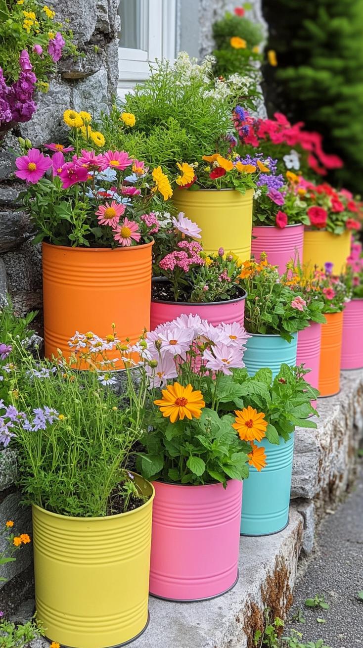 35 Easy Garden Art Crafts Anyone Can Make DIY 7 2. Bright flower pots made from upcycled tin cans-1