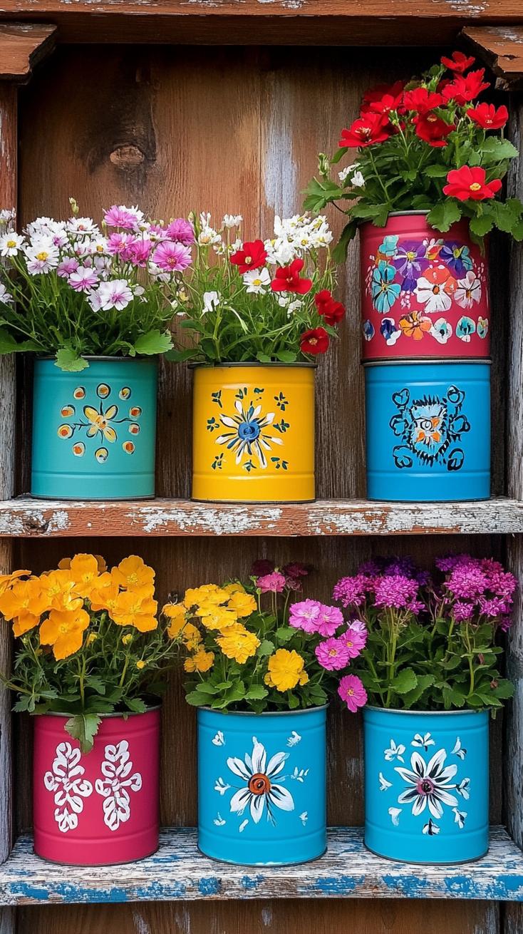 35 Easy Garden Art Crafts Anyone Can Make DIY 8 2. Bright flower pots made from upcycled tin cans-2