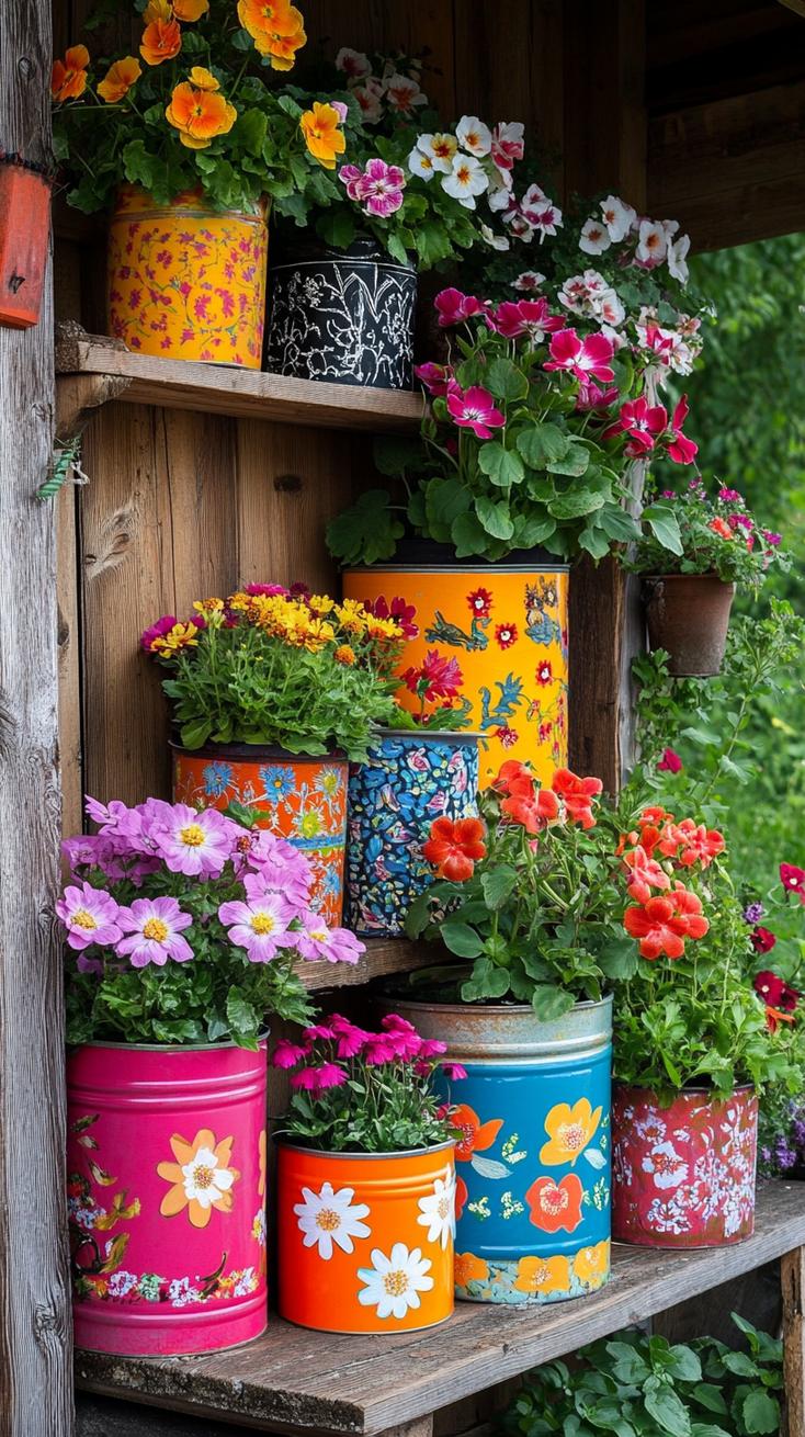 35 Easy Garden Art Crafts Anyone Can Make DIY 9 2. Bright flower pots made from upcycled tin cans-3