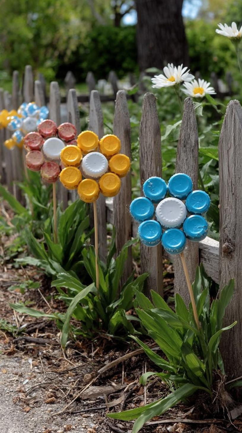 35 Easy Garden Art Crafts Anyone Can Make DIY 15 6. Colorful bottle cap flowers on wooden fences-0