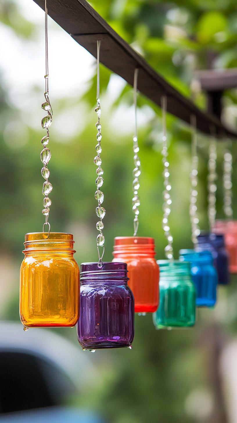 35 Easy Garden Art Crafts Anyone Can Make DIY 34 15. Colorful rain chain with recycled mason jars-0