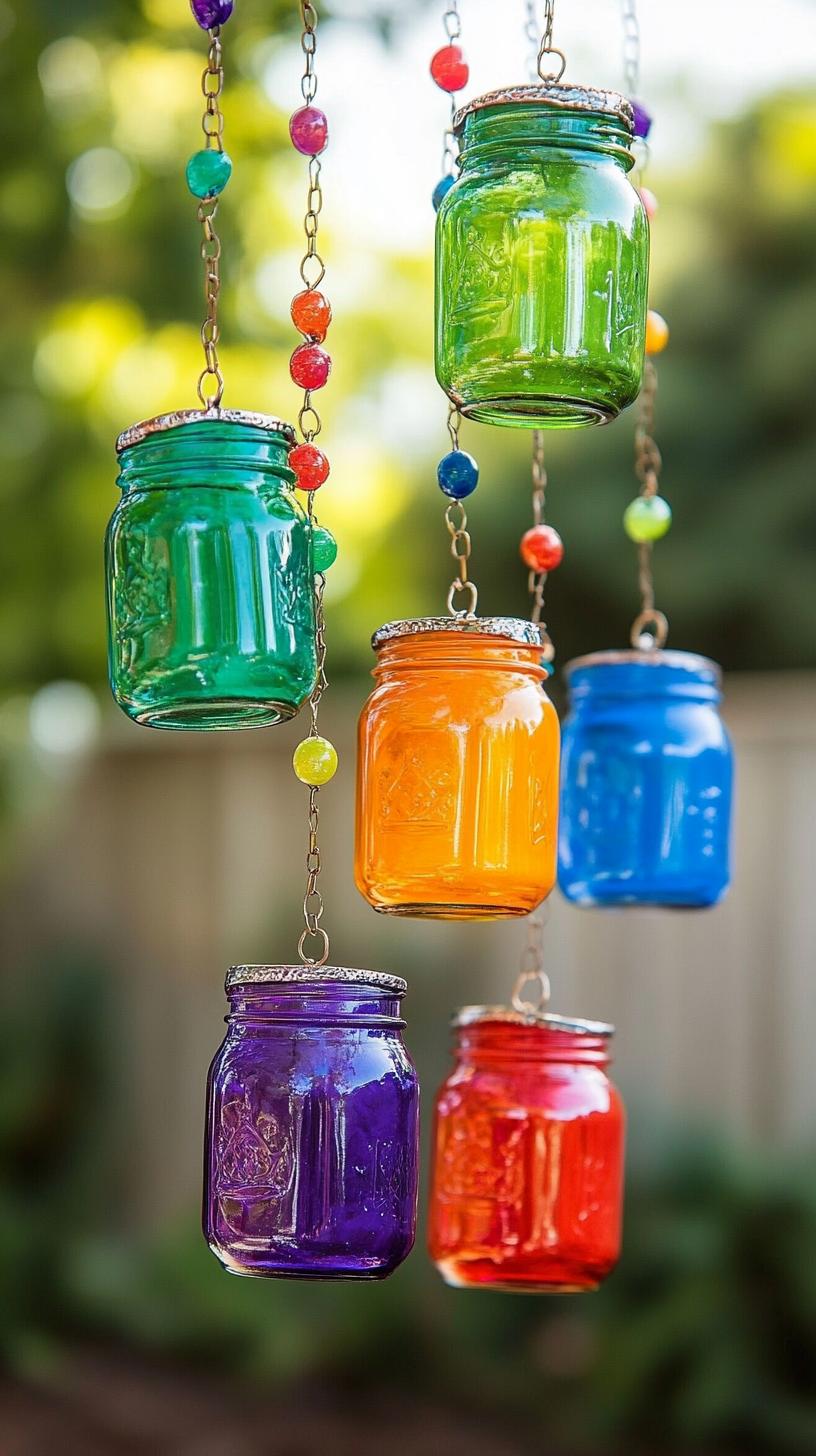 35 Easy Garden Art Crafts Anyone Can Make DIY 35 15. Colorful rain chain with recycled mason jars-1