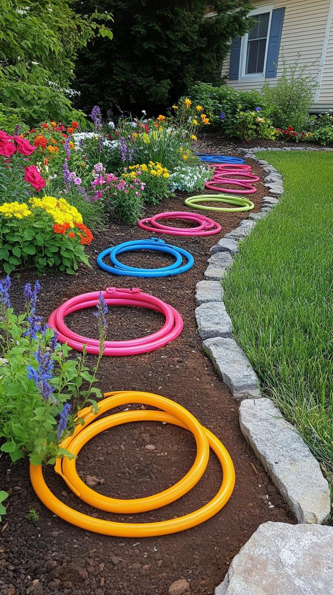 35 Easy Garden Art Crafts Anyone Can Make DIY 52 23. Colorful spirals made from twisted garden hoses-0
