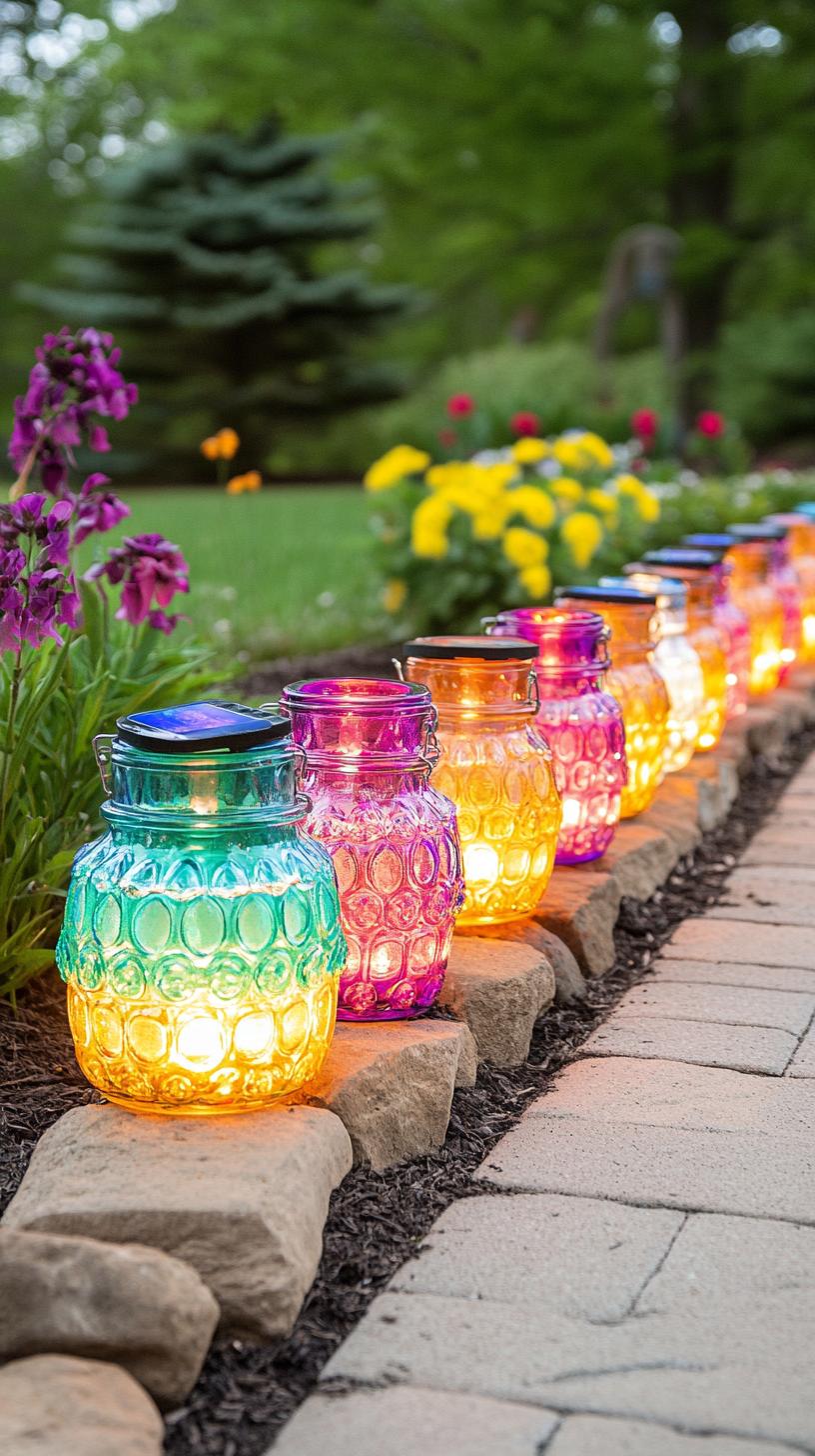 35 Easy Garden Art Crafts Anyone Can Make DIY 74 31. Glass bottle border lighting with solar accents-0
