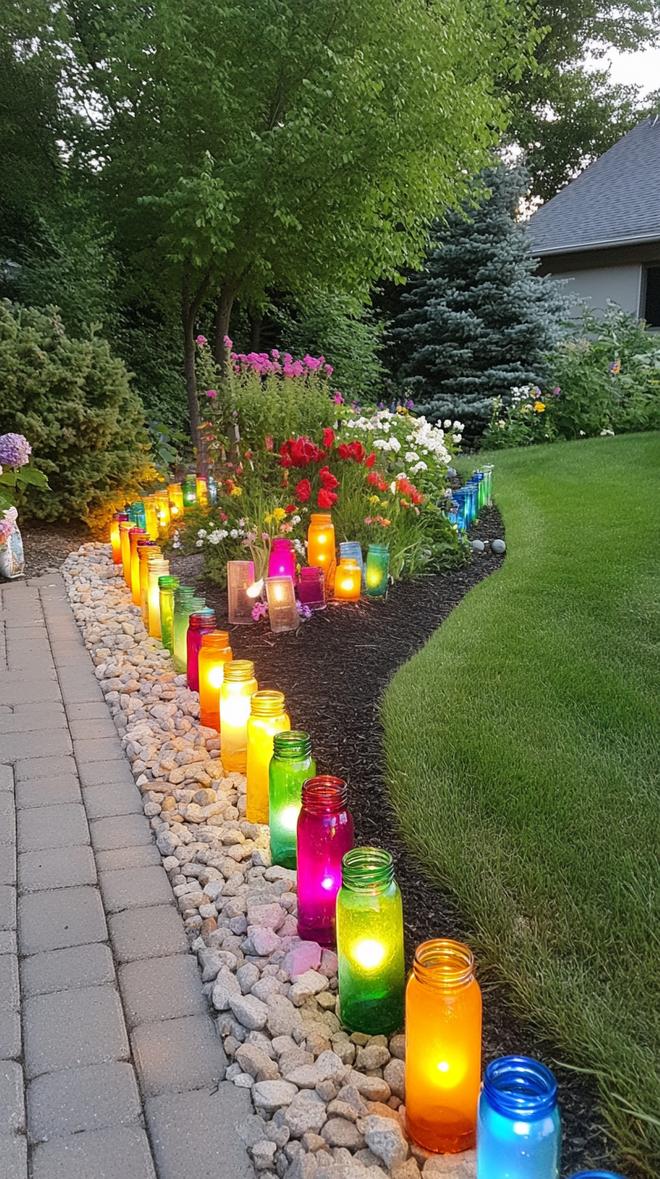 35 Easy Garden Art Crafts Anyone Can Make DIY 75 31. Glass bottle border lighting with solar accents-1