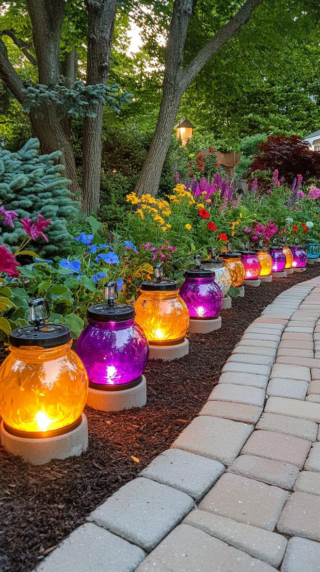 35 Easy Garden Art Crafts Anyone Can Make DIY 76 31. Glass bottle border lighting with solar accents-2