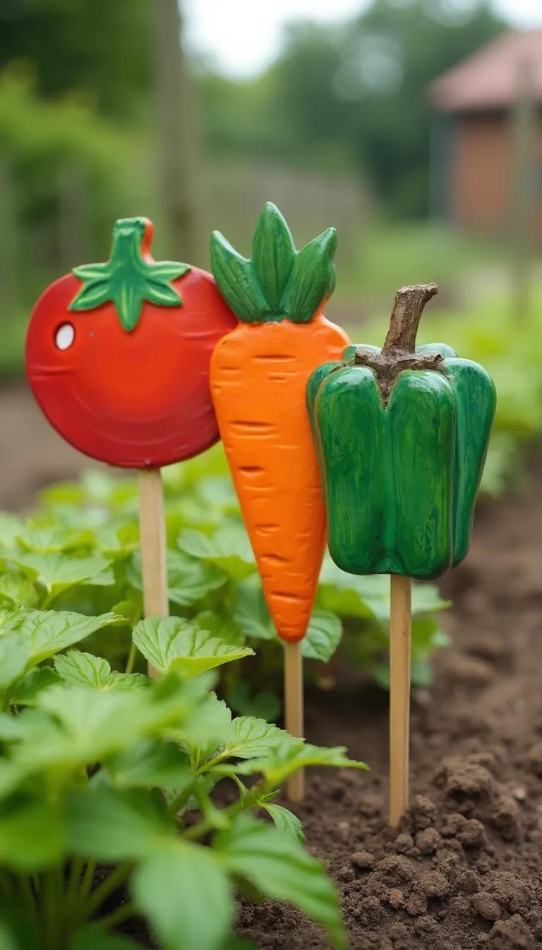 35 Easy Garden Art Crafts Anyone Can Make DIY 54 24. Hand-painted garden markers shaped like veggies-1