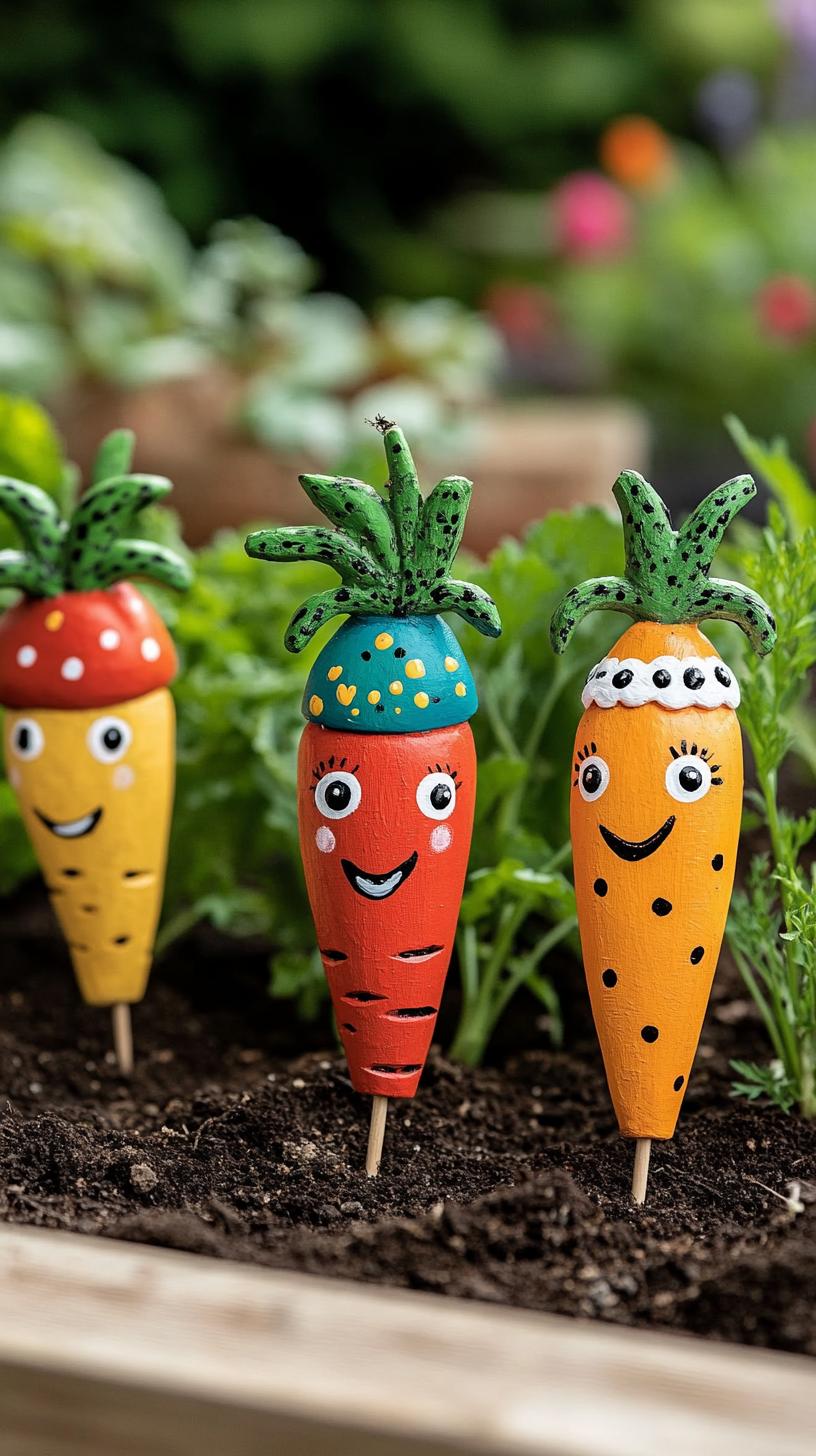 35 Easy Garden Art Crafts Anyone Can Make DIY 55 24. Hand-painted garden markers shaped like veggies-2