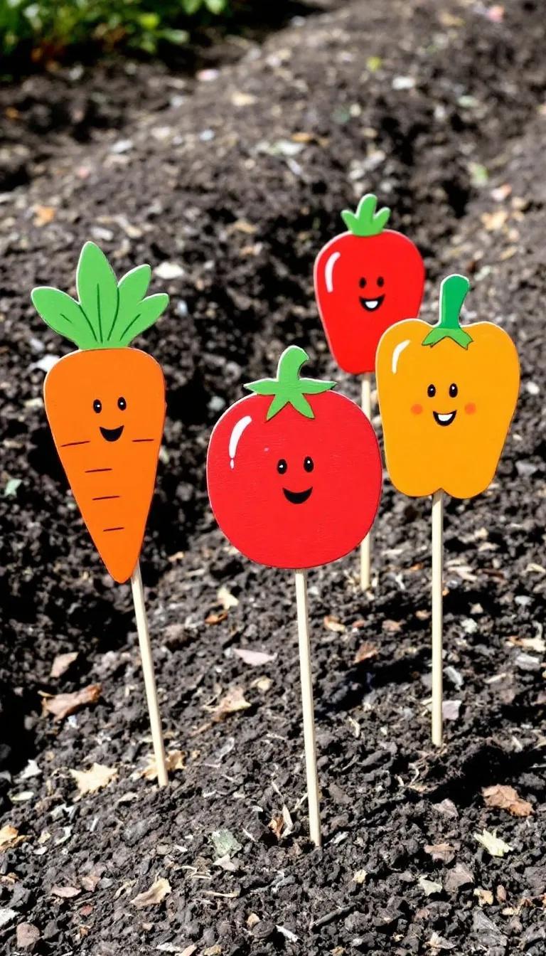 35 Easy Garden Art Crafts Anyone Can Make DIY 56 24. Hand-painted garden markers shaped like veggies-3