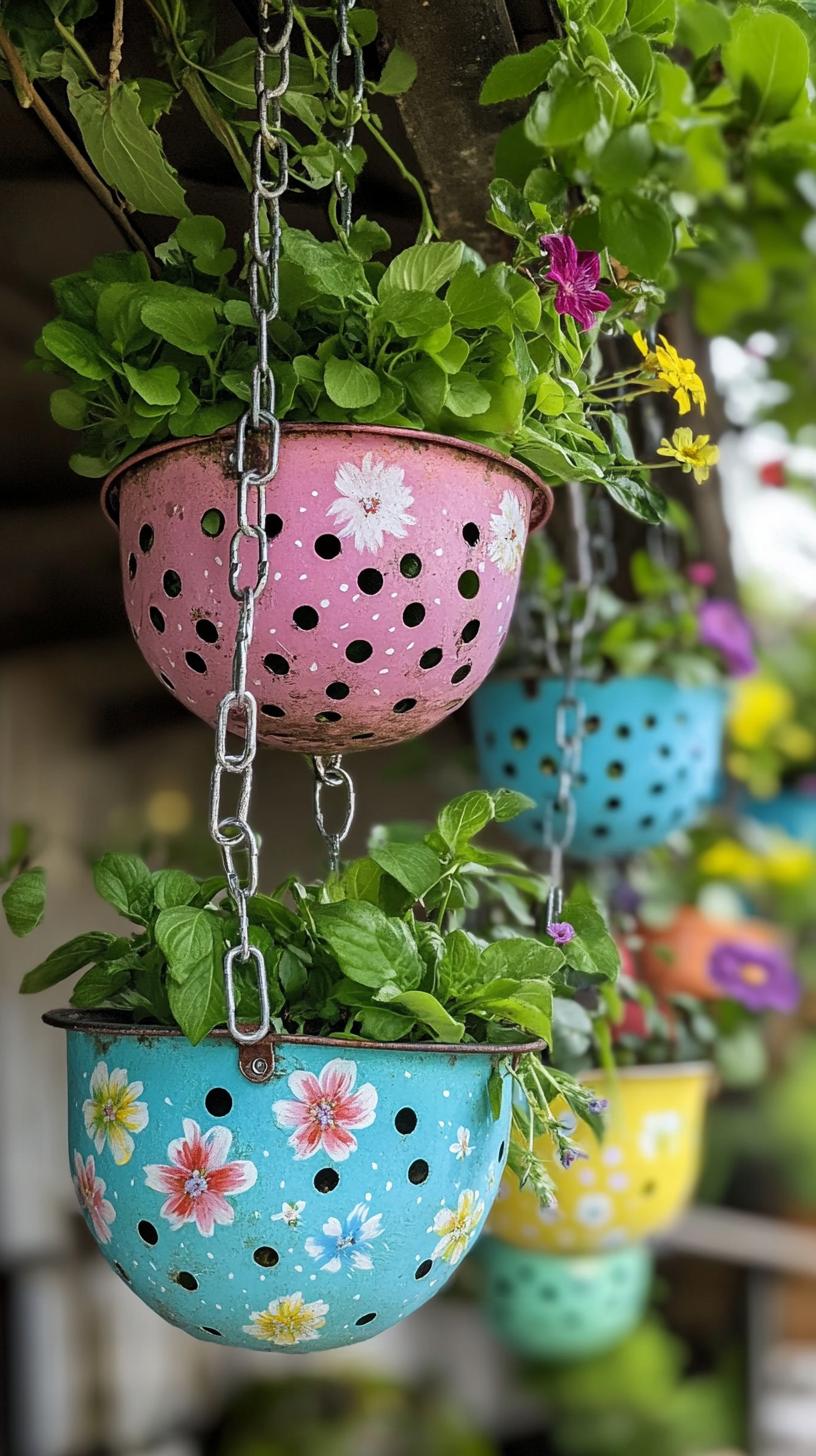 35 Easy Garden Art Crafts Anyone Can Make DIY 16 7. Hanging garden made from old kitchen colanders-0