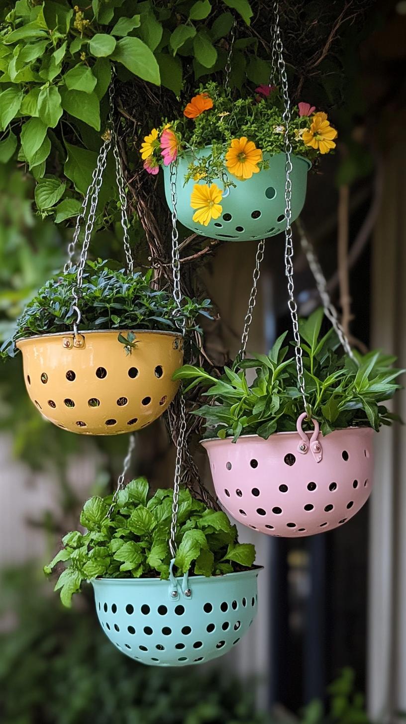35 Easy Garden Art Crafts Anyone Can Make DIY 17 7. Hanging garden made from old kitchen colanders-1