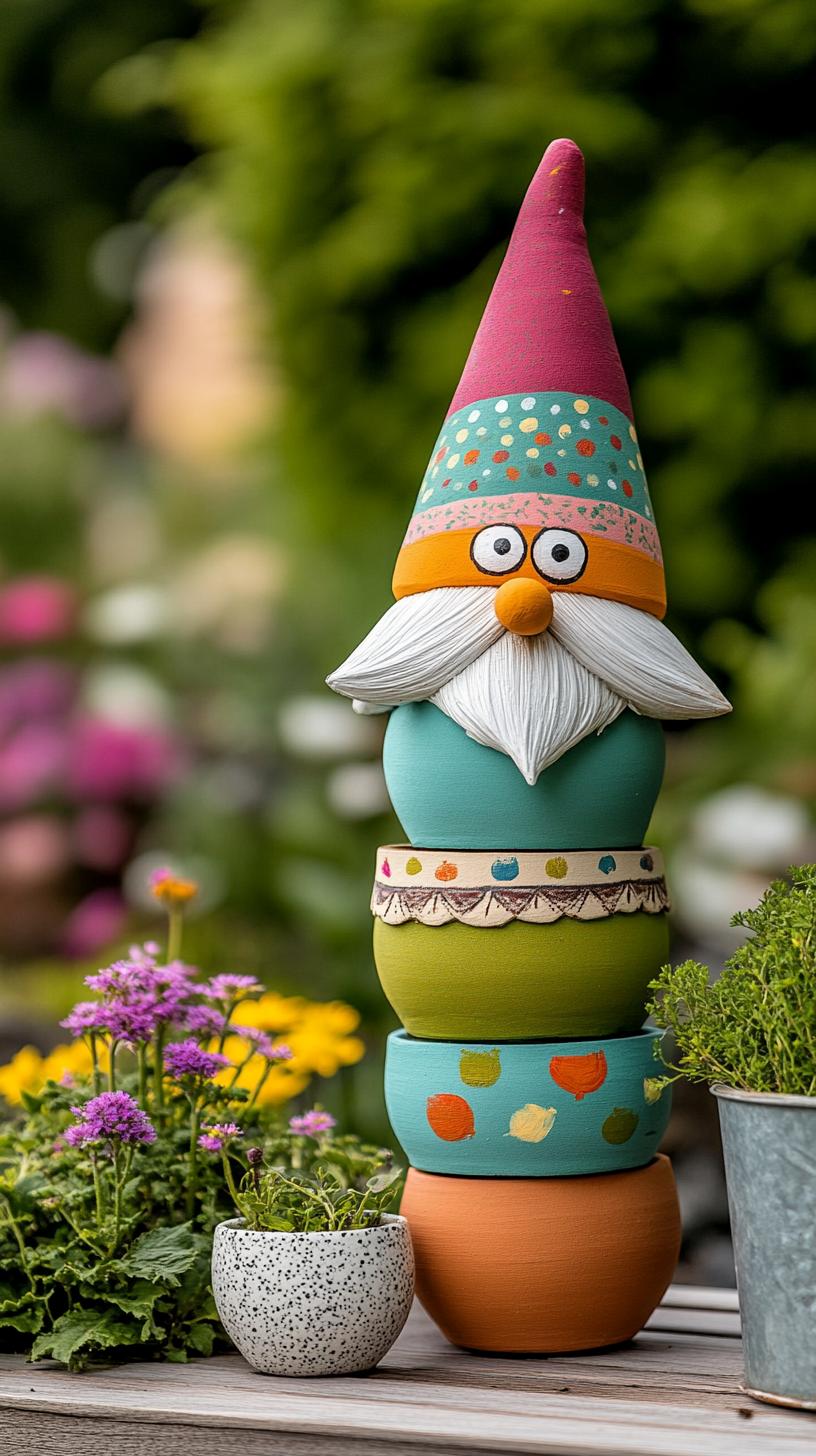35 Easy Garden Art Crafts Anyone Can Make DIY 84 35. Layered terracotta pots painted like garden gnomes-0