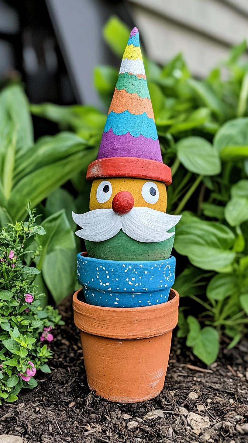 35 Easy Garden Art Crafts Anyone Can Make DIY 85 35. Layered terracotta pots painted like garden gnomes-1