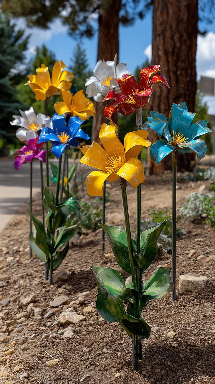 35 Easy Garden Art Crafts Anyone Can Make DIY 40 18. Metal flowers made from cut and painted cans-0