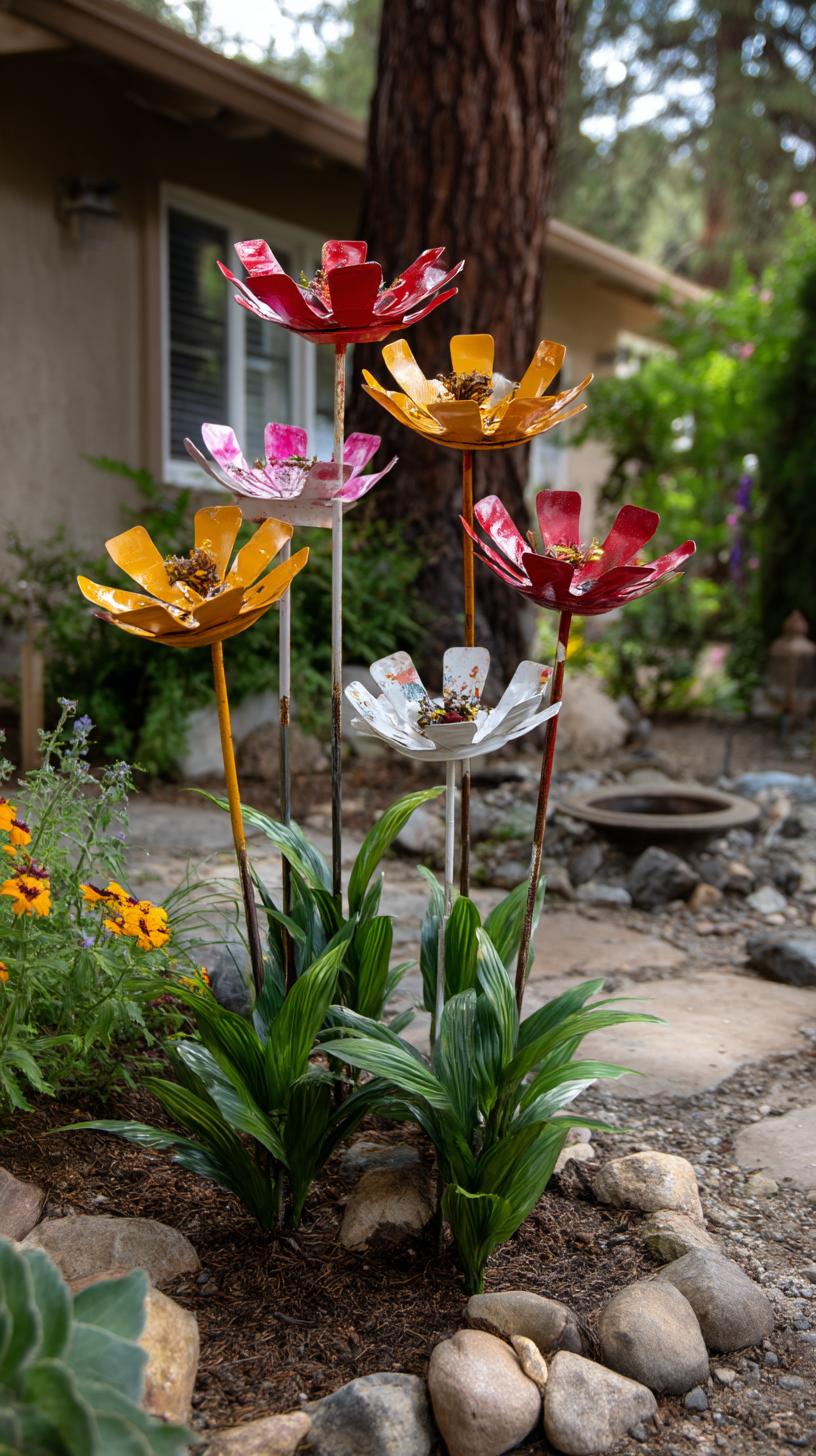 35 Easy Garden Art Crafts Anyone Can Make DIY 41 18. Metal flowers made from cut and painted cans-1