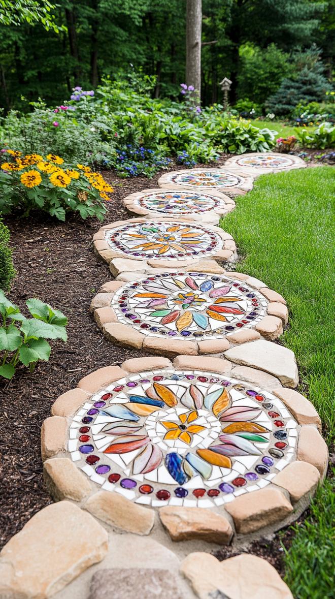35 Easy Garden Art Crafts Anyone Can Make DIY 10 3. Mosaic stepping stones with floral patterns-0