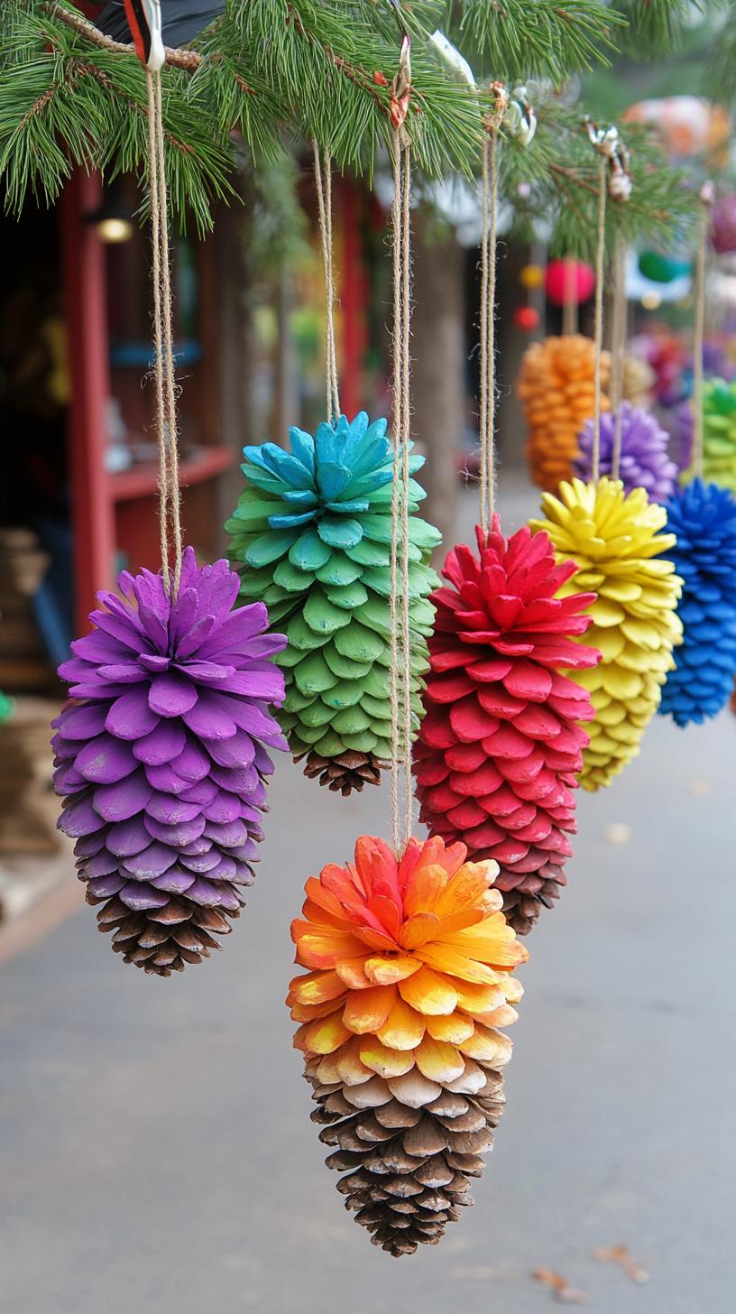 35 Easy Garden Art Crafts Anyone Can Make DIY 51 22. Painted pine cones hung like flower clusters-1