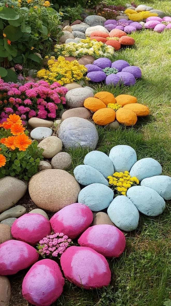 35 Easy Garden Art Crafts Anyone Can Make DIY 3 1. Painted rock flowers arranged in colorful clusters-0
