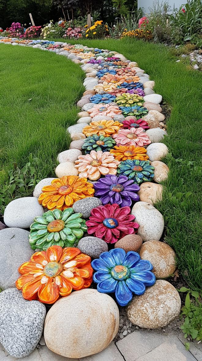 35 Easy Garden Art Crafts Anyone Can Make DIY 5 1. Painted rock flowers arranged in colorful clusters-2