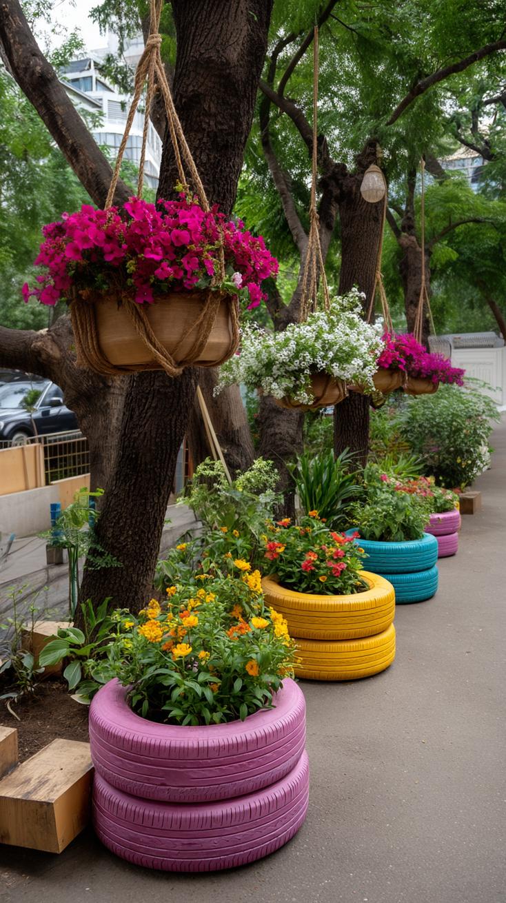 35 Easy Garden Art Crafts Anyone Can Make DIY 38 17. Painted tires turned into playful hanging baskets-0