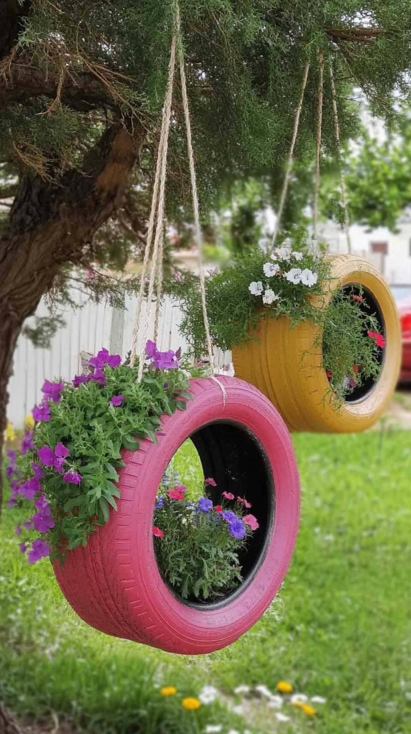 35 Easy Garden Art Crafts Anyone Can Make DIY 39 17. Painted tires turned into playful hanging baskets-1