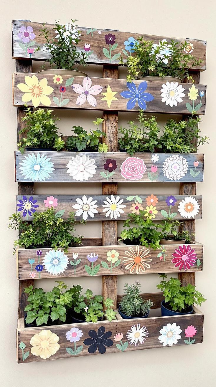 35 Easy Garden Art Crafts Anyone Can Make DIY 62 27. Pallet wall garden decorated with painted blooms-0